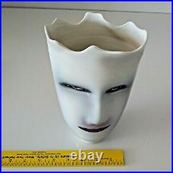 1998 Ceramic Vase Hand Painted White Glaze 2 Faces Signed by Bing Gleitsman