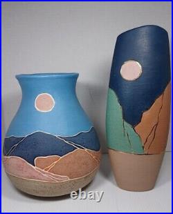 2 Ceramic Handmade Studio Pottery Vase Signed Southwest Desert 12 & 9