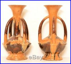 2 HUGE Signed Studio Drip Glaze Pottery Vases Handles Mid Century Floor Vintage