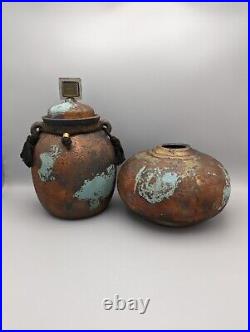 2 RARE TONY EVANS RAKU Jar & Vase Pot Studio Art Pottery SIGNED #650 #281