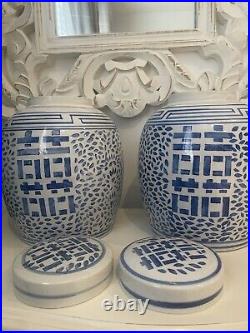 2 x Vintage Chinese Blue White Porcelain Mantle Vases Double Happiness Pair