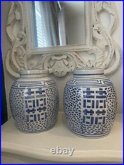 2 x Vintage Chinese Blue White Porcelain Mantle Vases Double Happiness Pair