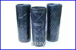 3 VTG Puerto Rican Pottery Hal Lasky Incised Sgraffito Gray Tall Cylinder Vases