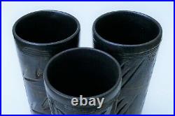 3 VTG Puerto Rican Pottery Hal Lasky Incised Sgraffito Gray Tall Cylinder Vases