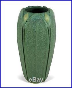 8 1/2 Jemerick Arts & Crafts Style Studio Pottery Vase Matte Green Yellow Buds