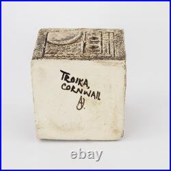 ANNE JONES for TROIKA CORNWALL STUDIO ART POTTERY BROWN CUBE VASE, SIGNED