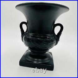ASP 2002 Pottery black matte urn pedestal double handle swans vase