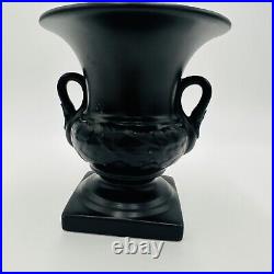ASP 2002 Pottery black matte urn pedestal double handle swans vase