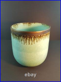 Abdo Nagi Studio Pottery Cyan Blue & Bronzed Rim Tall Decorative Bowl 21cm High