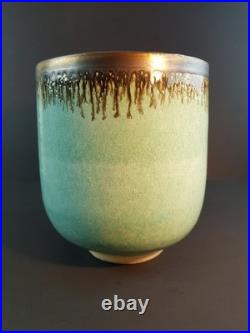 Abdo Nagi Studio Pottery Cyan Blue & Bronzed Rim Tall Decorative Bowl 21cm High