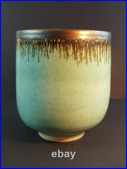 Abdo Nagi Studio Pottery Cyan Blue & Bronzed Rim Tall Decorative Bowl 21cm High