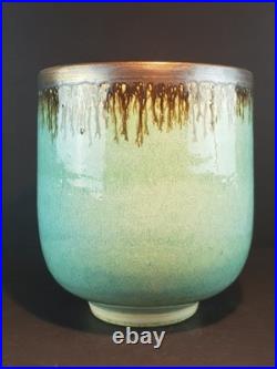 Abdo Nagi Studio Pottery Cyan Blue & Bronzed Rim Tall Decorative Bowl 21cm High