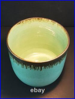 Abdo Nagi Studio Pottery Cyan Blue & Bronzed Rim Tall Decorative Bowl 21cm High
