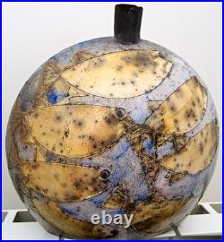 Abstract Art Pottery Ceramic Vase Narrow Neck Beige Blue Black Incised