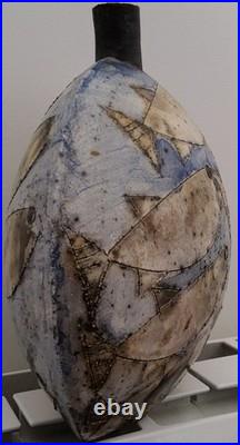 Abstract Art Pottery Ceramic Vase Narrow Neck Beige Blue Black Incised