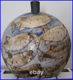 Abstract Art Pottery Ceramic Vase Narrow Neck Beige Blue Black Incised
