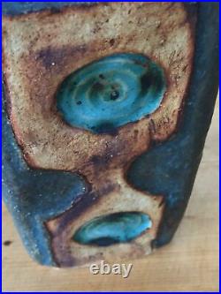 Alan Wallwork Studio Pottery Patterned Tall blue Slab Vase. 1960's. 8 x 16cm