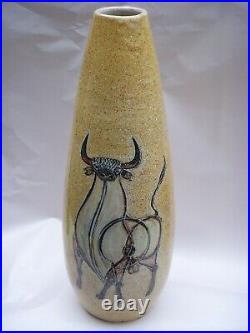 Alfaraz Large Pottery Vase MCM Bull Motif Made In Spain 15 3/4 Tall
