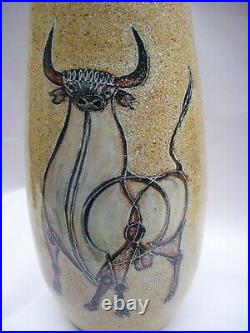 Alfaraz Large Pottery Vase MCM Bull Motif Made In Spain 15 3/4 Tall