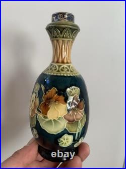 Antique Art Nouveau Studio Pottery Vase Sterling Silver Rim Nasturtium 1244
