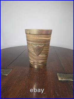 Antique Doulton Lambeth Agateware Metal Mounted Cup Engraved Shield Cartouche