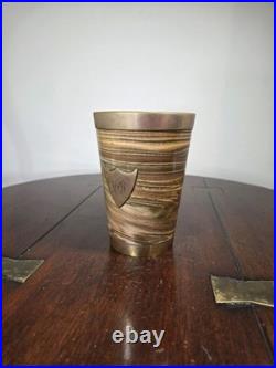 Antique Doulton Lambeth Agateware Metal Mounted Cup Engraved Shield Cartouche