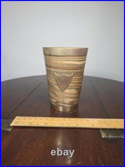 Antique Doulton Lambeth Agateware Metal Mounted Cup Engraved Shield Cartouche