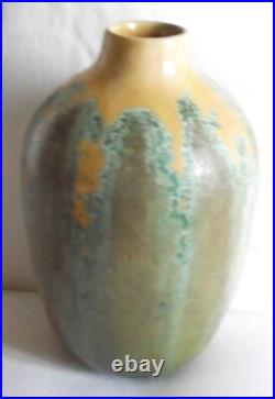 Art Deco Large Studio Pottery Vase Drip Wear Glaze green cream 1930s 8 tall vgc