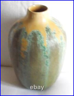 Art Deco Large Studio Pottery Vase Drip Wear Glaze green cream 1930s 8 tall vgc