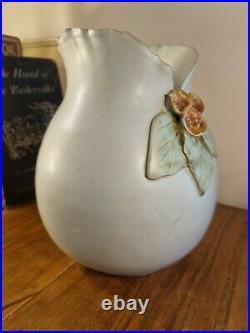 Artist Signed Studio Pottery Green Fluted Scallop Rim Vase Applied Flower Design