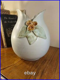 Artist Signed Studio Pottery Green Fluted Scallop Rim Vase Applied Flower Design