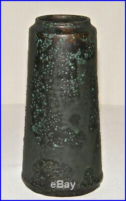 Arts & Crafts HEAVY Matte BLACK & Turquoise GREEN LAVA GLAZE VASE Cylinder EX