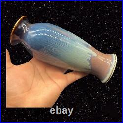 Bill Campbell Studio Art Pottery Blue Over Brown Drip Glazed Vase 7.5 Tall 2.5