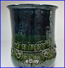 Bjorn Wiinblad Studio Pottery Vase Green Blue Face Early Piece Det Blaa Hus MCM