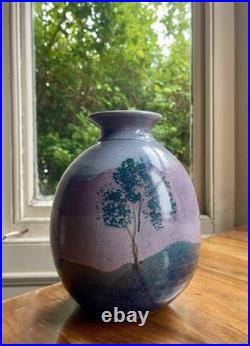 British Studio Pottery Vase by Syl Macro Signed Tree Decoration Blue Pink Purple