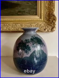 British Studio Pottery Vase by Syl Macro Signed Tree Decoration Blue Pink Purple