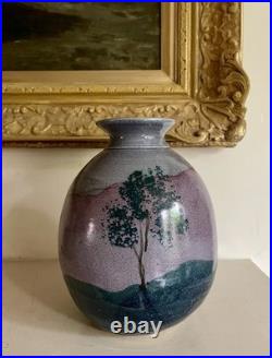 British Studio Pottery Vase by Syl Macro Signed Tree Decoration Blue Pink Purple
