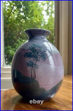 British Studio Pottery Vase by Syl Macro Signed Tree Decoration Blue Pink Purple