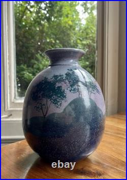 British Studio Pottery Vase by Syl Macro Signed Tree Decoration Blue Pink Purple