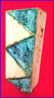 Carn Pottery Flat Box Vase Sea Blue Gloss Glaze Triangles Signed J Beusmans Rare