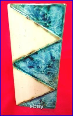 Carn Pottery Flat Box Vase Sea Blue Gloss Glaze Triangles Signed J Beusmans Rare