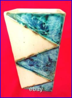 Carn Pottery Flat Box Vase Sea Blue Gloss Glaze Triangles Signed J Beusmans Rare