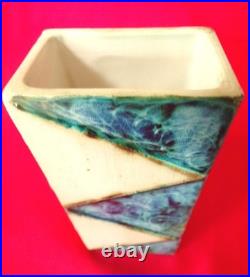 Carn Pottery Flat Box Vase Sea Blue Gloss Glaze Triangles Signed J Beusmans Rare