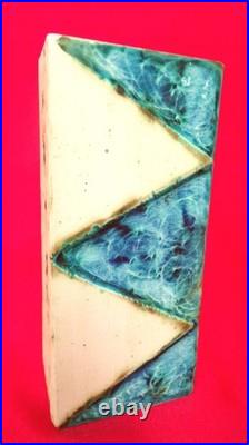 Carn Pottery Flat Box Vase Sea Blue Gloss Glaze Triangles Signed J Beusmans Rare