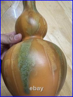 Chinese Hulu Double Gourd Vase Vintage Studio Pottery Drip Glaze Orange Green