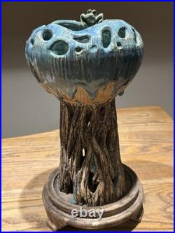 Chinese Studio Art Pottery Tree Trunk Vase with Frog & Wood Stand Signed