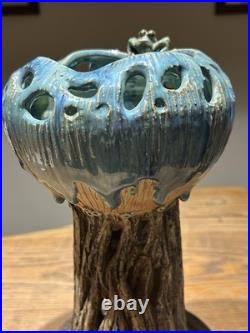Chinese Studio Art Pottery Tree Trunk Vase with Frog & Wood Stand Signed