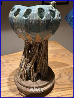 Chinese Studio Art Pottery Tree Trunk Vase with Frog & Wood Stand Signed