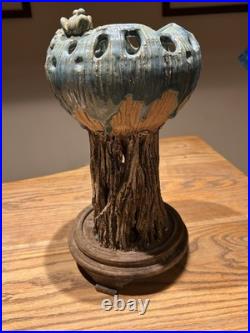 Chinese Studio Art Pottery Tree Trunk Vase with Frog & Wood Stand Signed