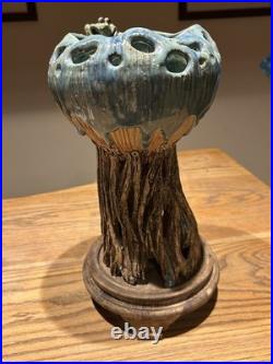 Chinese Studio Art Pottery Tree Trunk Vase with Frog & Wood Stand Signed